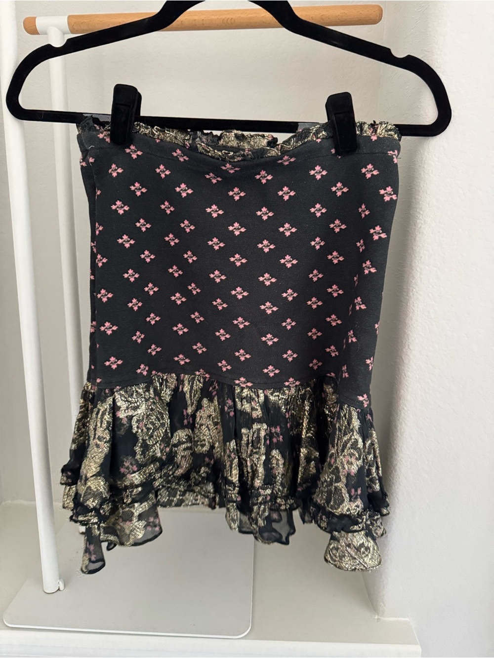 HEMANT & NANDITA Black Mini Skirt with Pink Floral and Gold Paisley Ruffle